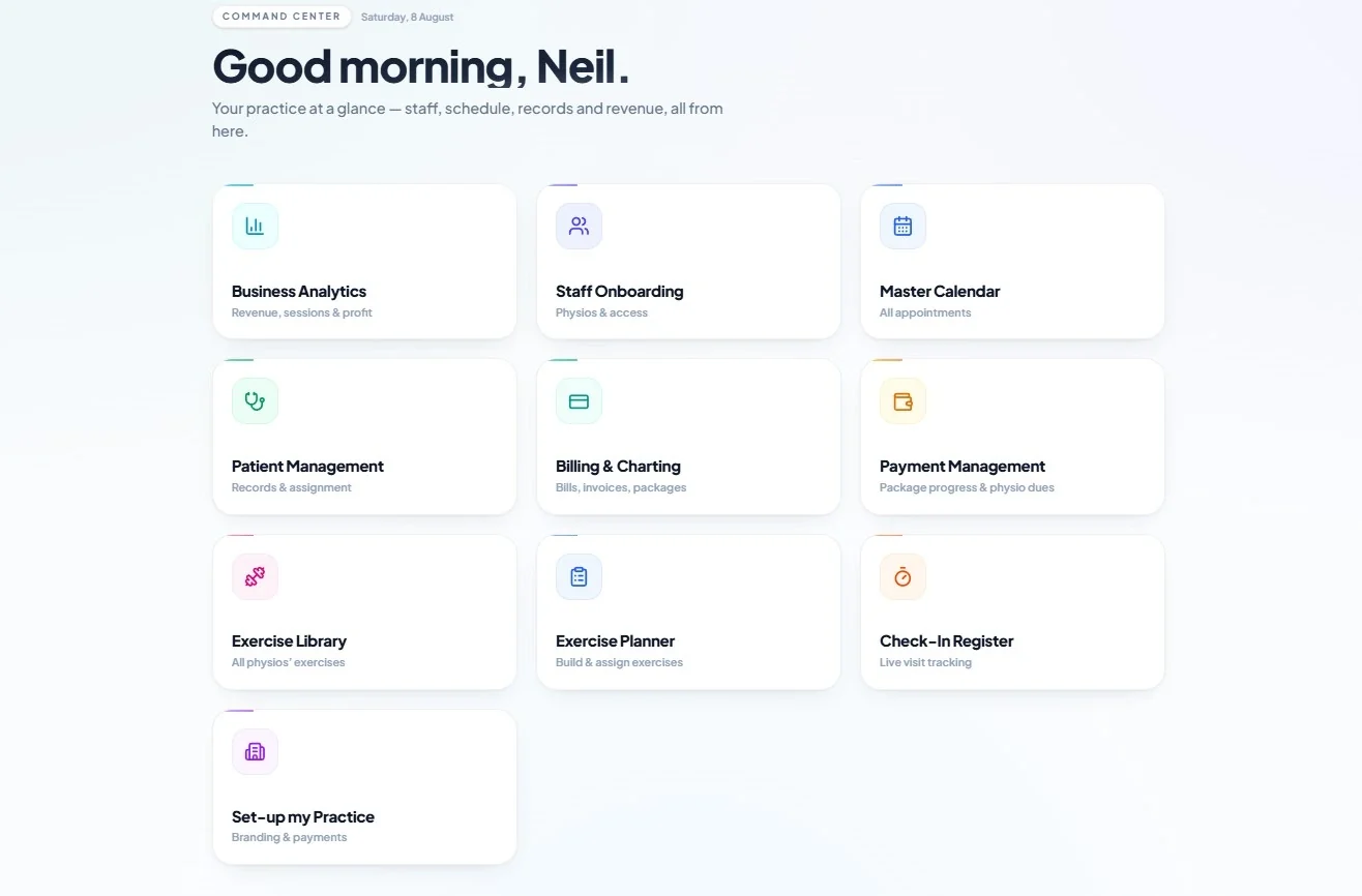 Kinetiq's command centre: tiles for business analytics, staff onboarding, the master calendar, patient management, billing and charting, payment management, the exercise library and planner, and the check-in register