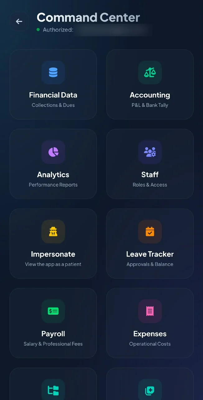 The Curis 360 admin hub on a phone: financial data, accounting, analytics, staff, leave, payroll and expenses