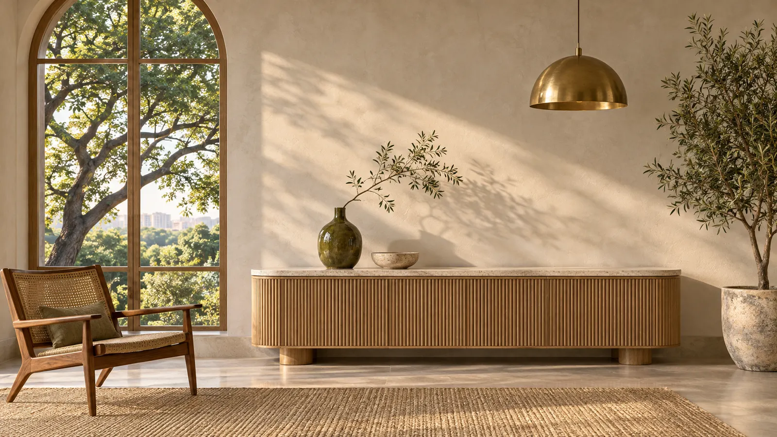 A living room by Arc & Oak in late-afternoon sun: a limewashed wall, an arched window onto a rain tree, a fluted oak console with a travertine top, a brass dome pendant, a cane lounge chair on a jute rug and an olive tree in a stone pot.