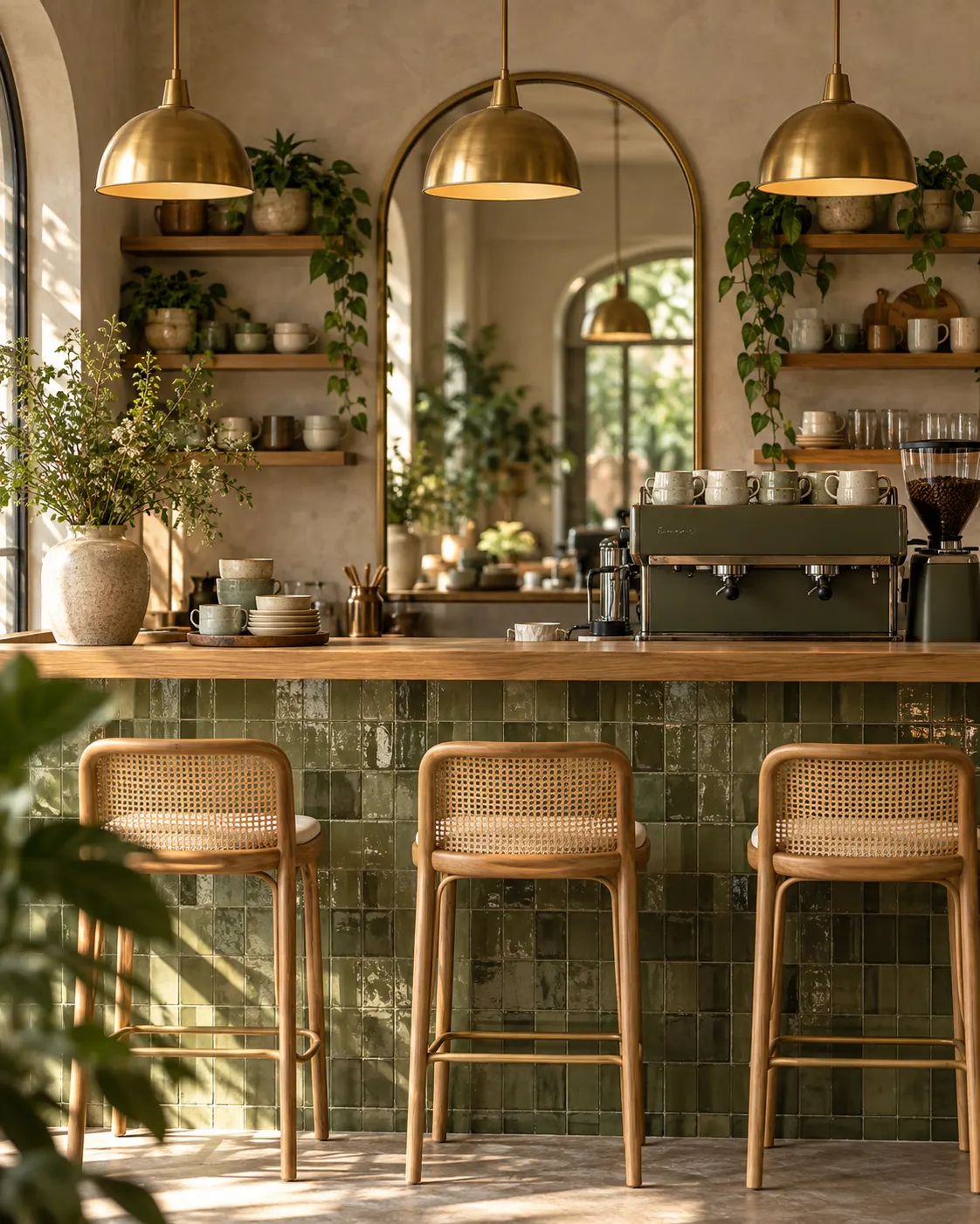 The Koramangala café counter: olive zellige tiles under an oak bar top, cane-backed stools, three brass dome pendants, an arched mirror and open shelves of cups and trailing plants.