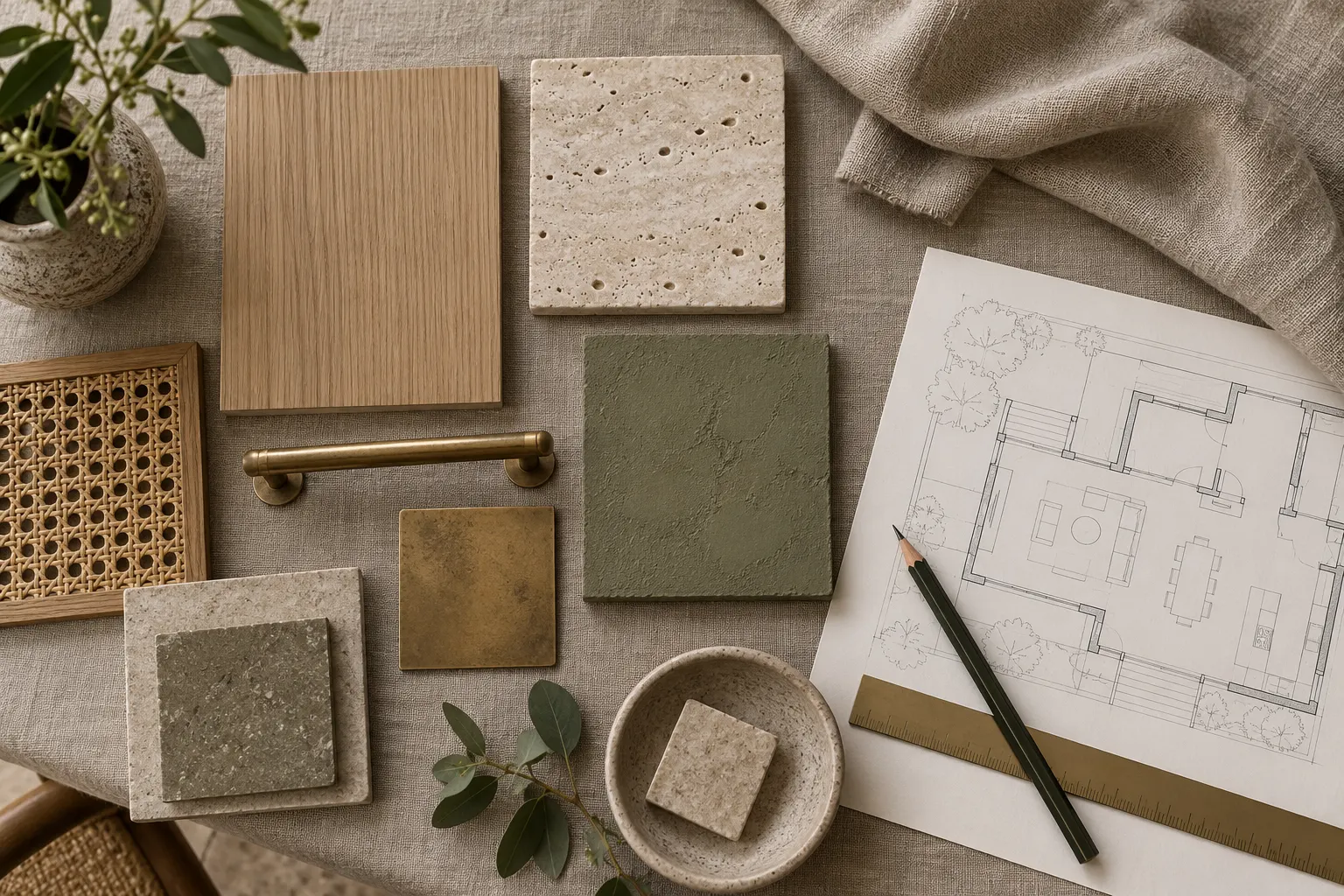 The studio's sample board, from above: a white oak panel, a honed travertine tile, a brass handle and brass square, an olive lime-plaster tile, a cane-weave square and folded linen, beside a pencil floor plan and a brass rule.