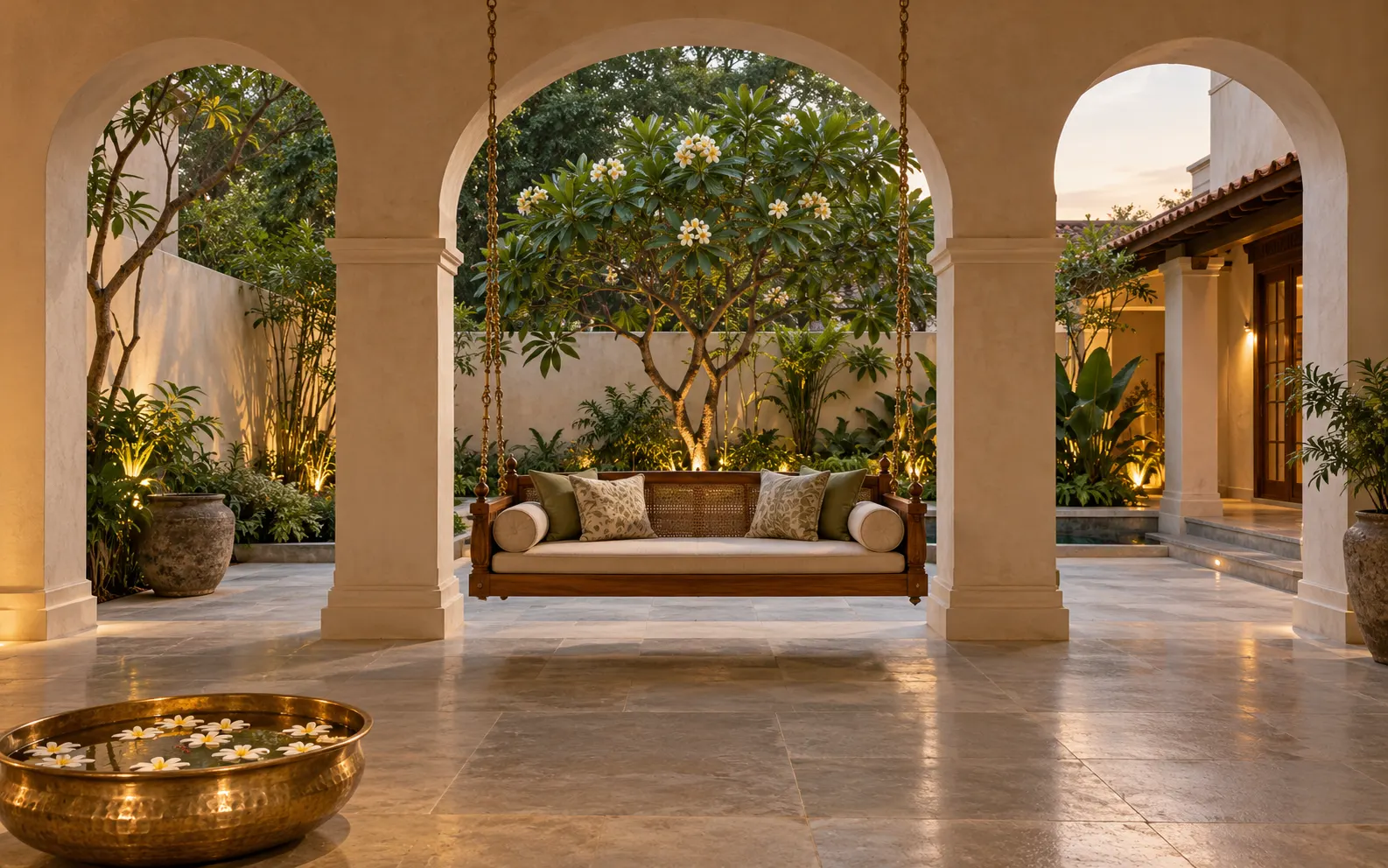 The Sarjapur villa courtyard at dusk: limewashed arches, a teak swing on brass chains, a frangipani tree in flower and a brass urli of floating blossoms on a honed stone floor.