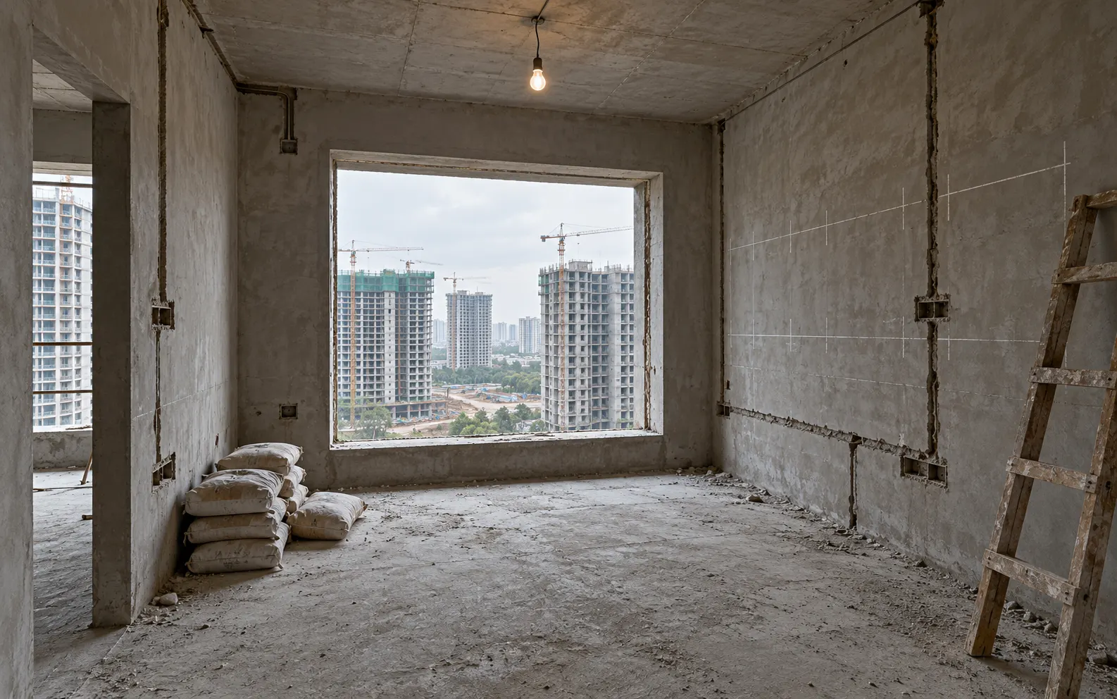 Before: the Whitefield living room on the day we got the keys, a bare concrete shell with chased conduits, one bulb, cement bags and a ladder, and new towers going up outside.