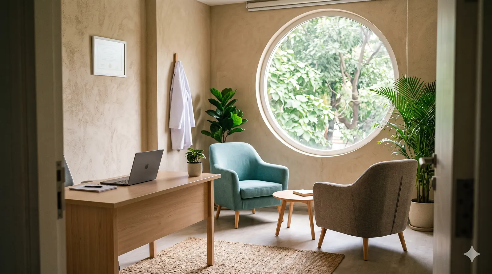 A consultation room seen from the doorway: a light wood desk with a laptop, a teal and a grey armchair around a small table, and a large round window onto a rain tree.