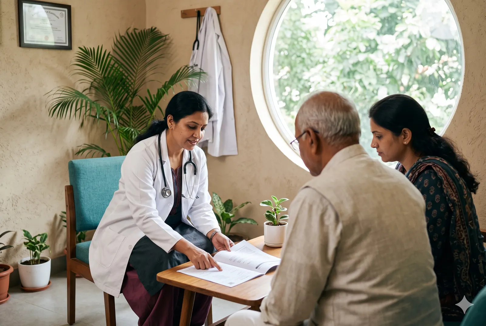 A Halcyon doctor in a white coat sits beside an older man and his daughter, walking them through a printed report in a consult room with a round window onto green trees.