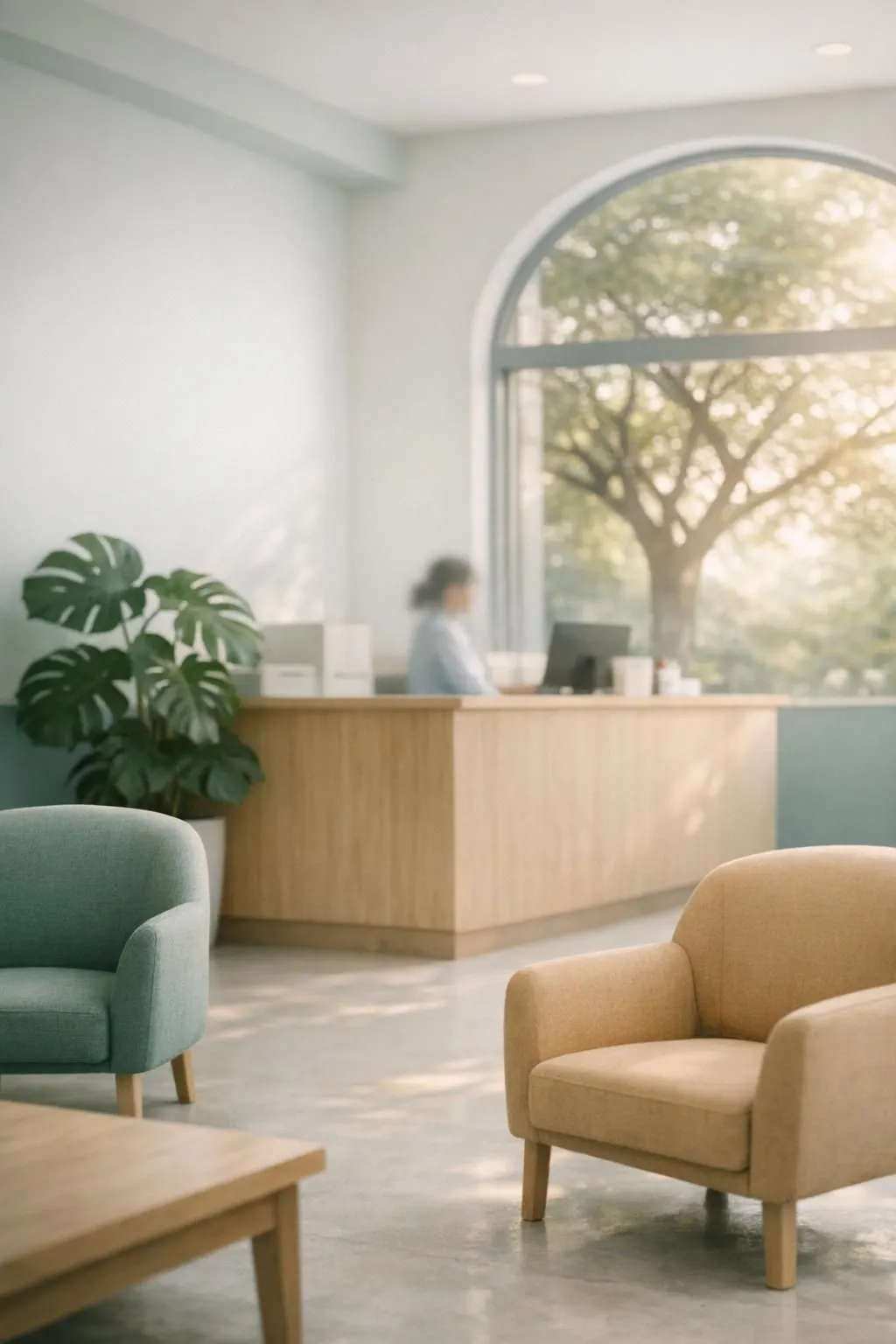 Halcyon’s reception: a light oak front desk beneath a tall arched window onto a rain tree, with a monstera and two soft armchairs in sage and sand.
