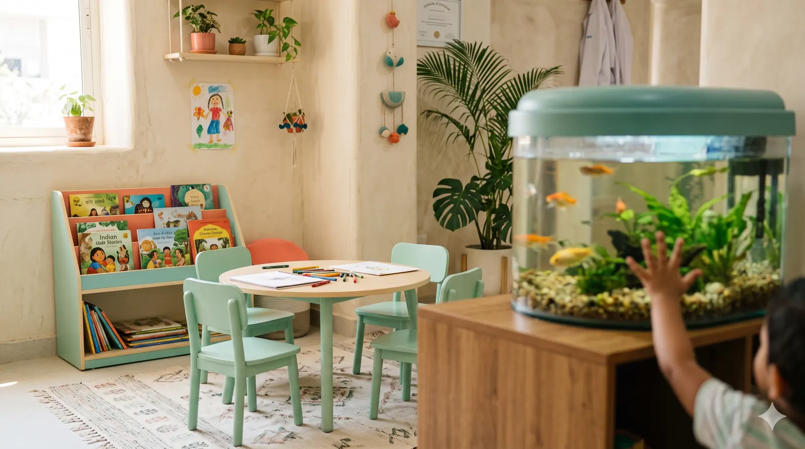 The kids’ corner: mint-green table and chairs, a shelf of picture books, plants, and an aquarium of small orange fish that a child is reaching up to touch.