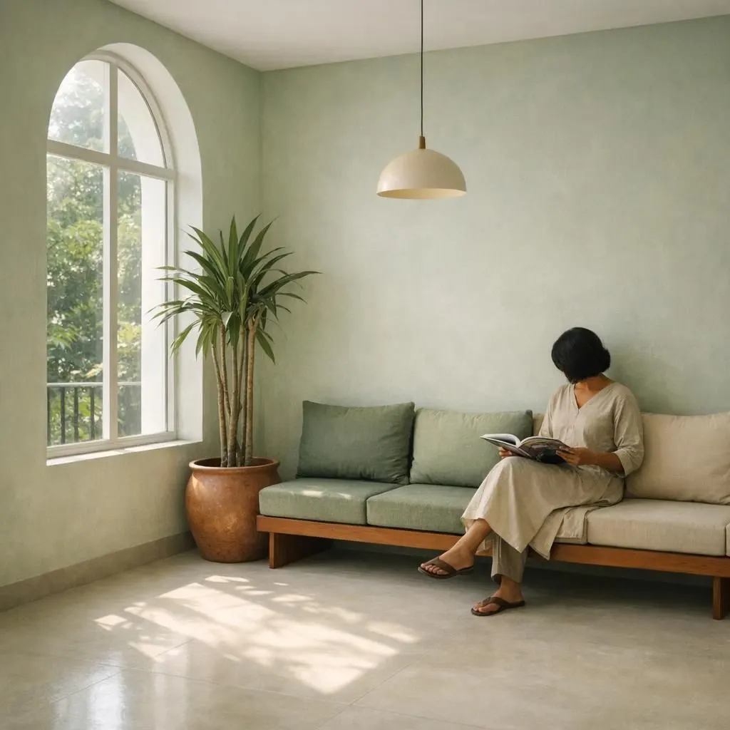 The waiting lounge: pale green walls, a tall arched window, a potted palm, and a woman reading on a low wooden sofa with sage cushions as morning light falls across the floor.