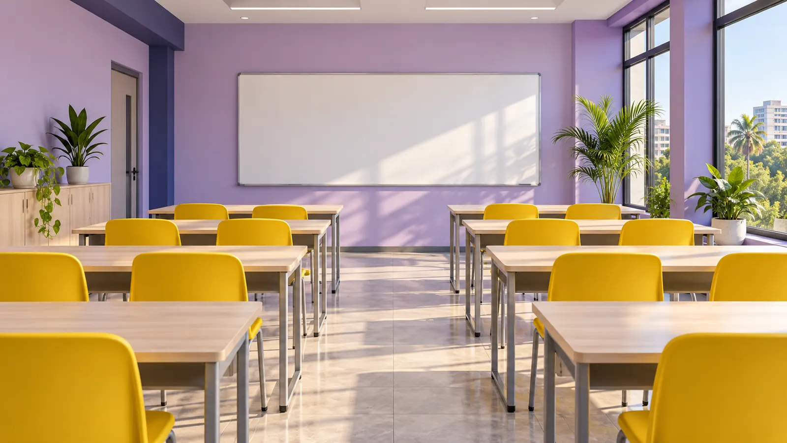 An empty Inkwell classroom: lavender walls, rows of light-wood desks with sunflower-yellow chairs, a large whiteboard and plants by tall sunlit windows.