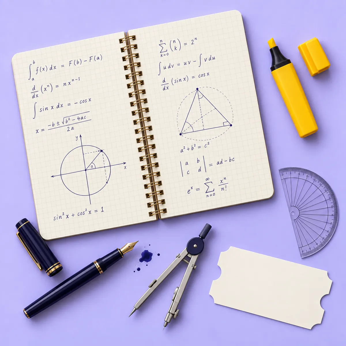 A flat lay on lavender paper: an open notebook of maths formulas, a yellow highlighter, a fountain pen, a compass, a protractor and a blank ticket.