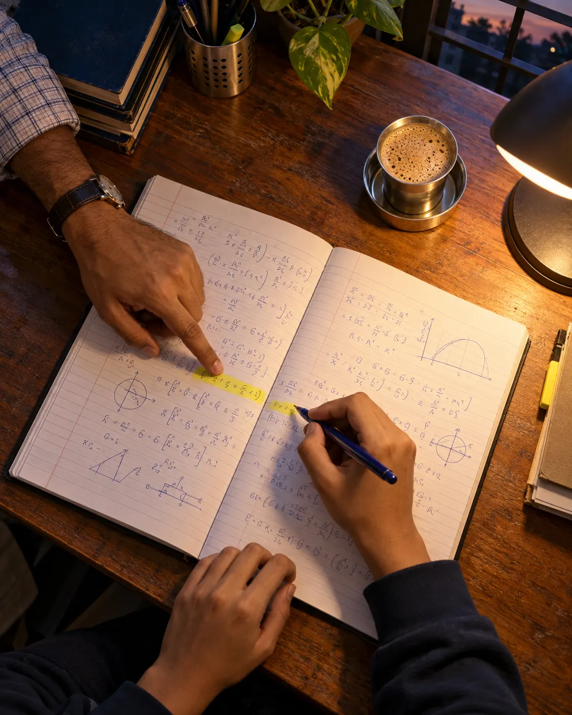 Seen from above at an evening desk: a teacher points to a highlighted line of physics working in a student's notebook, beside a desk lamp and a steel tumbler of filter coffee.