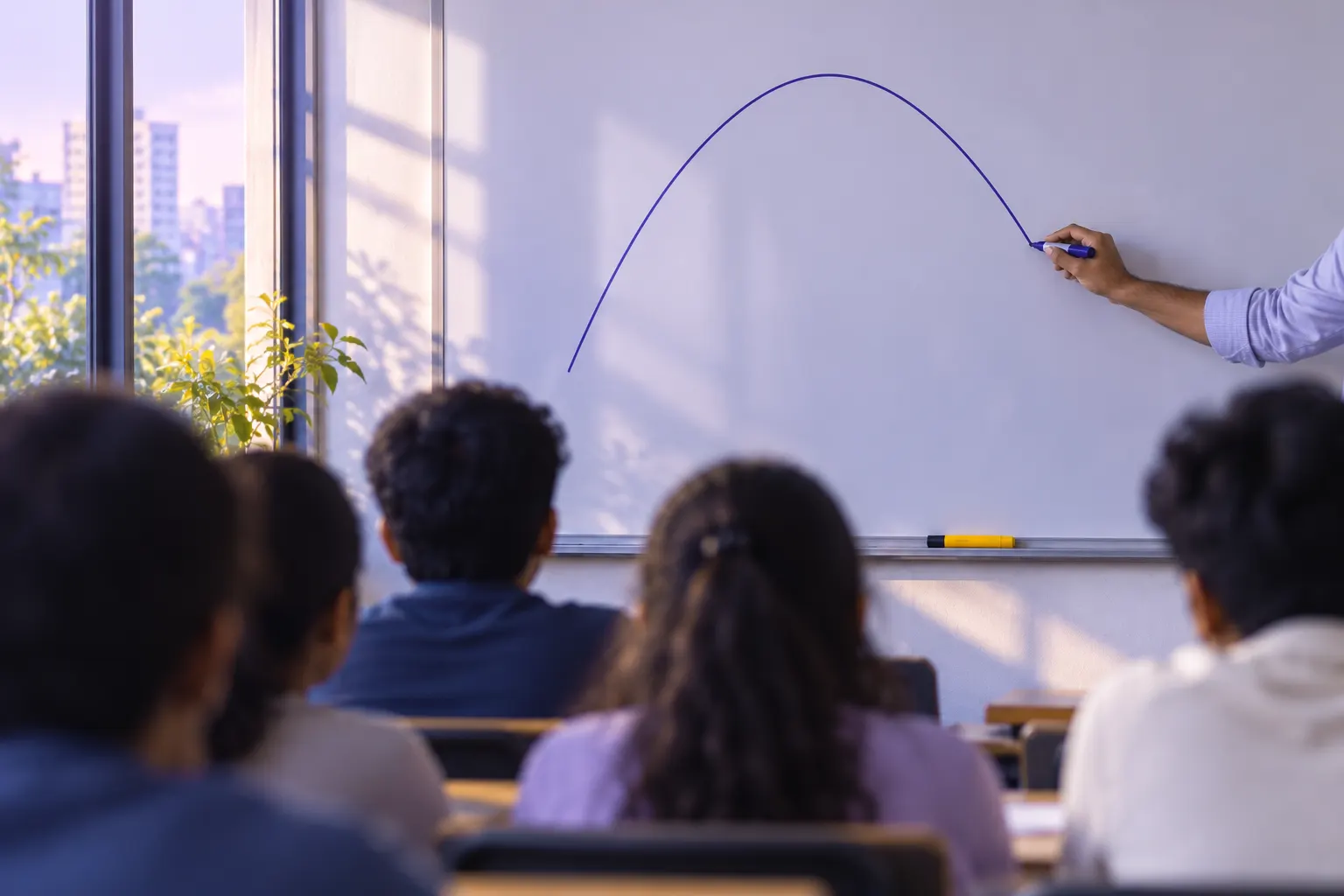 A teacher's hand draws a projectile's arc in blue marker on a whiteboard while a class of students, seen from behind, follows along in a sunlit classroom.