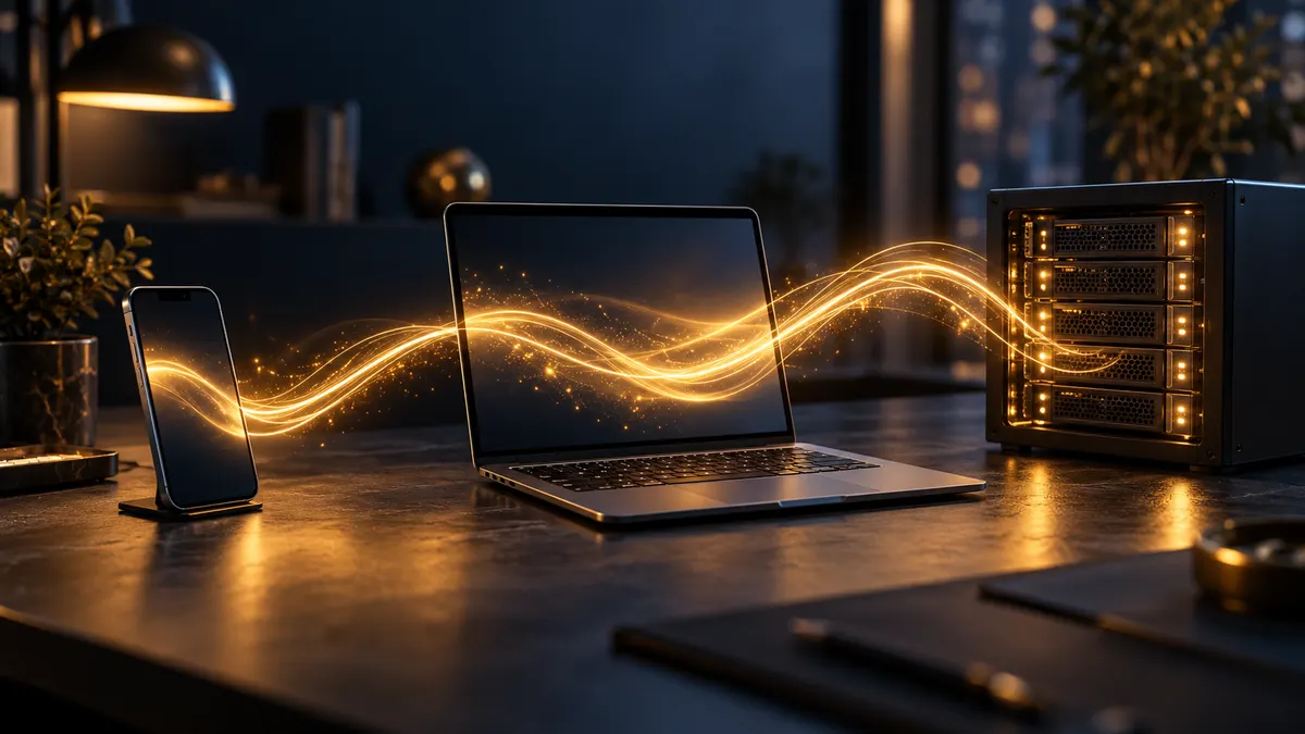 A phone, a laptop and a server on a dark desk, joined by a ribbon of golden light
