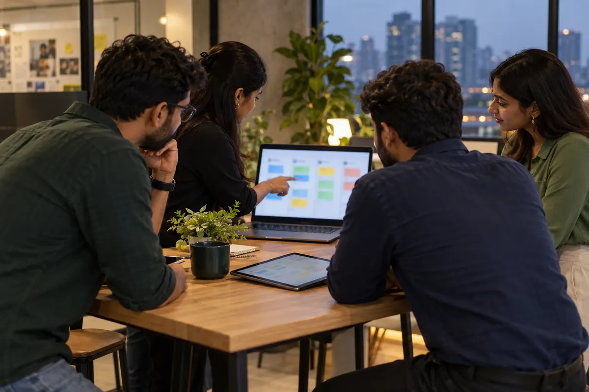 A small team around a table reviewing a sales pipeline on a laptop and a tablet