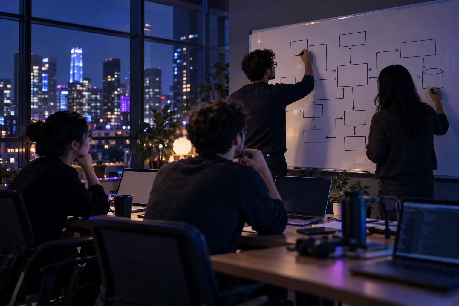Engineers sketching a system's architecture on a whiteboard at night, the city lit up behind them
