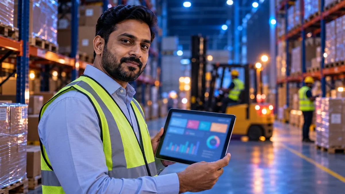 An operations manager in a warehouse holding a tablet with an inventory dashboard, a forklift and racks behind him