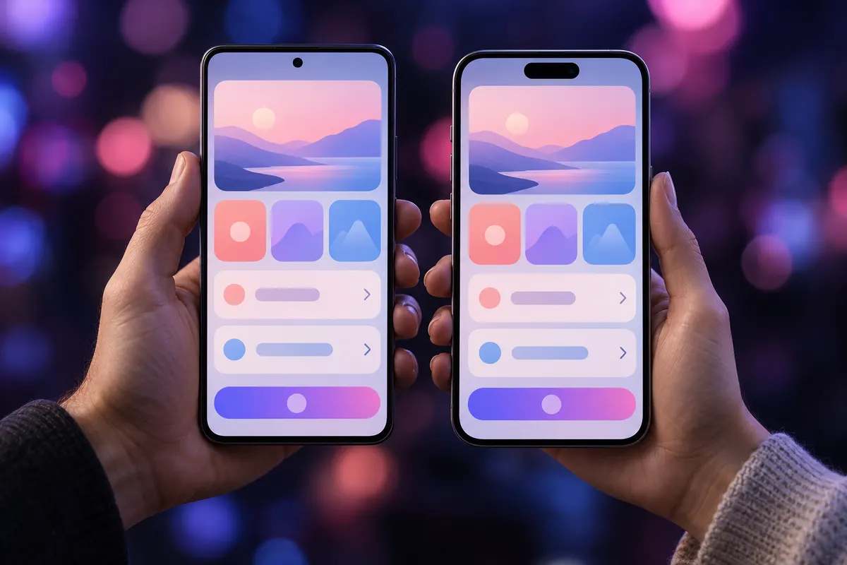 Two hands holding an Android phone and an iPhone showing the same app