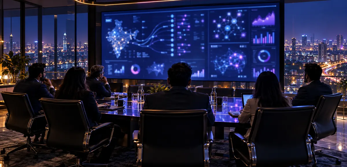 A leadership team in a boardroom at night watching a wall display of branches, maps and charts
