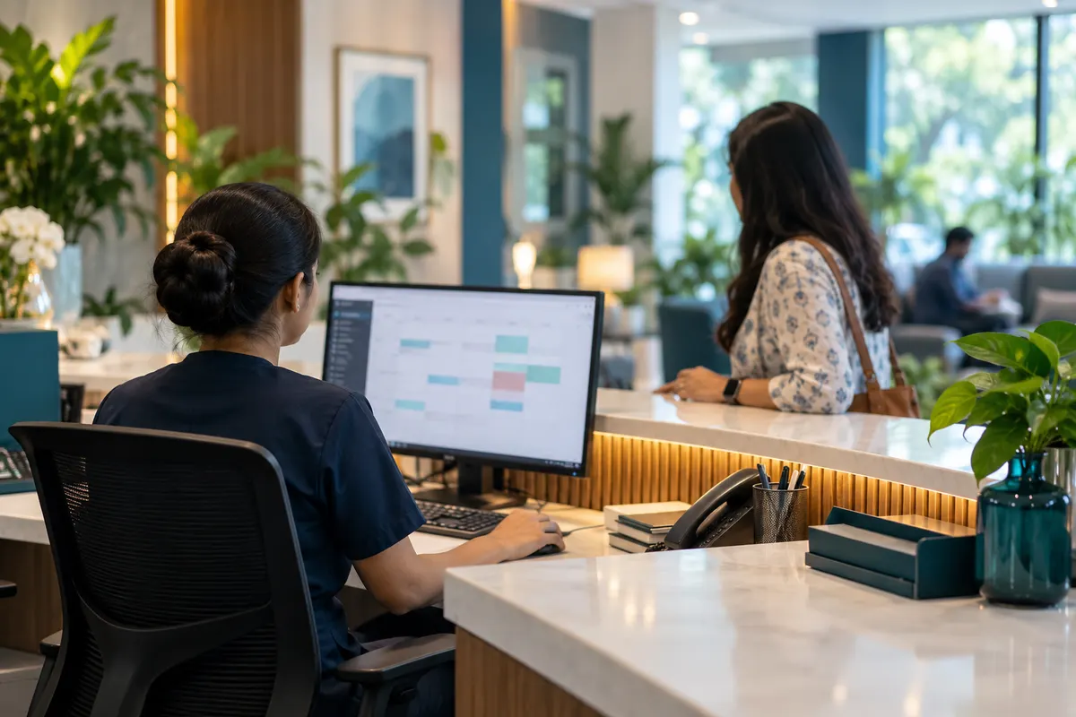A clinic receptionist at an appointment calendar while a patient checks in at the counter