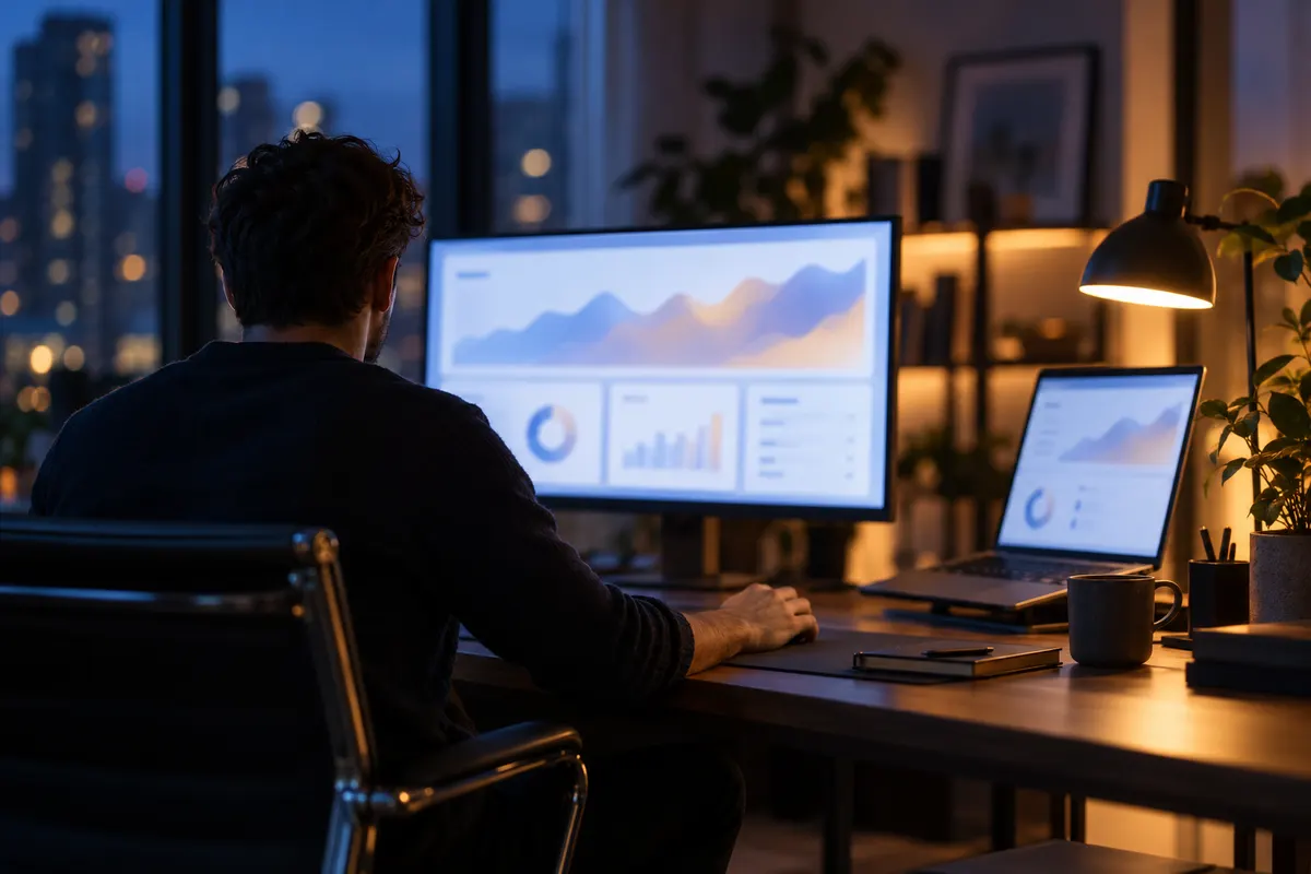 A founder working late at a large monitor showing an analytics dashboard, a laptop beside it
