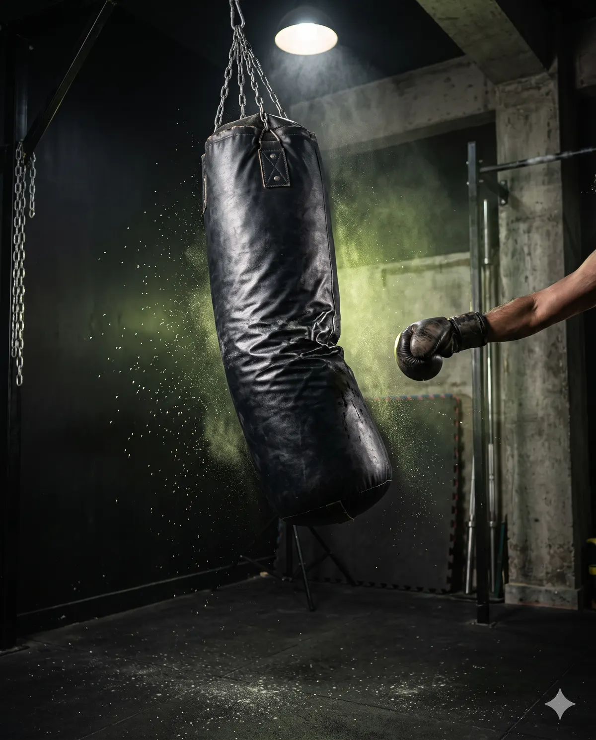 A gloved fist landing on a heavy bag in a dim concrete boxing corner, chalk bursting off the leather.