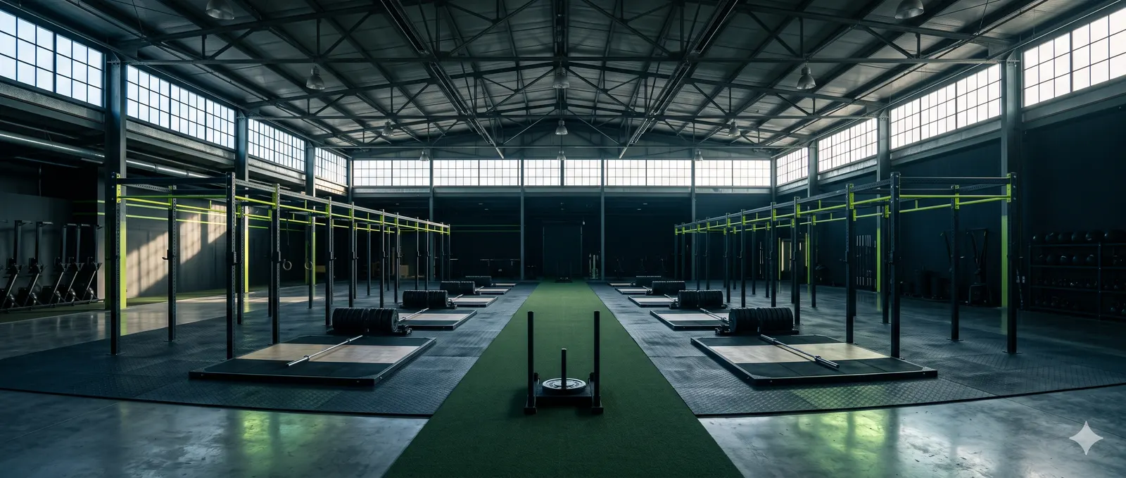 The Pulse Forge floor: a long warehouse with steel trusses and high windows, lifting platforms and pull-up rigs on either side of a green turf sprint lane with a sled.
