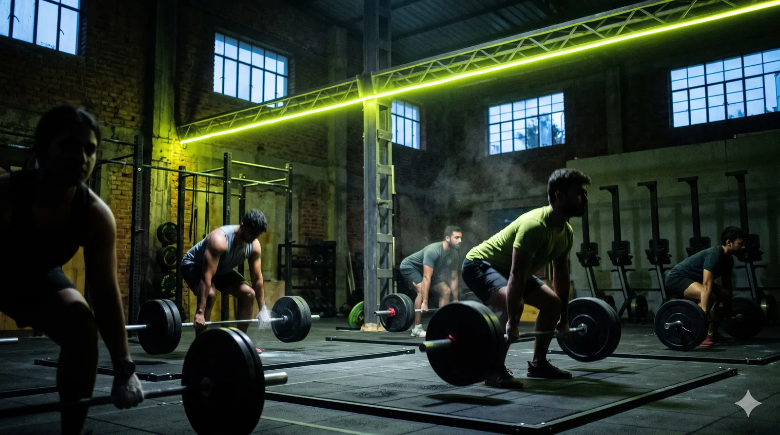 A 6 a.m. class in a brick-walled warehouse gym: lifters mid-deadlift on black rubber platforms under a lime LED strip, chalk dust in the air.