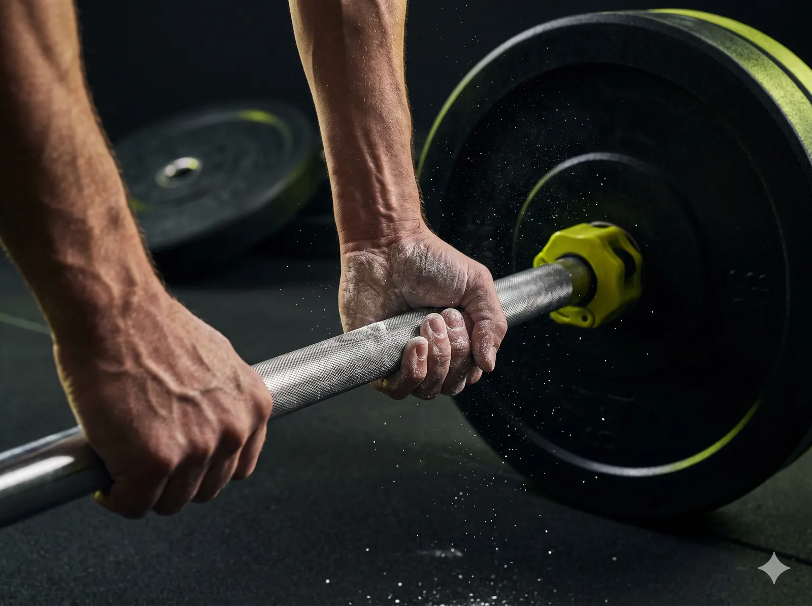 Chalked hands gripping a knurled barbell loaded with a black bumper plate and a lime collar, chalk dust in the air.