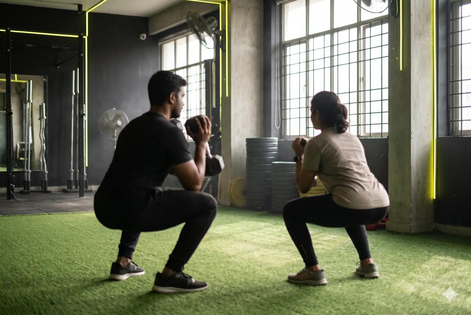 A coach and a first-timer side by side in a goblet squat on green turf, by tall windows.