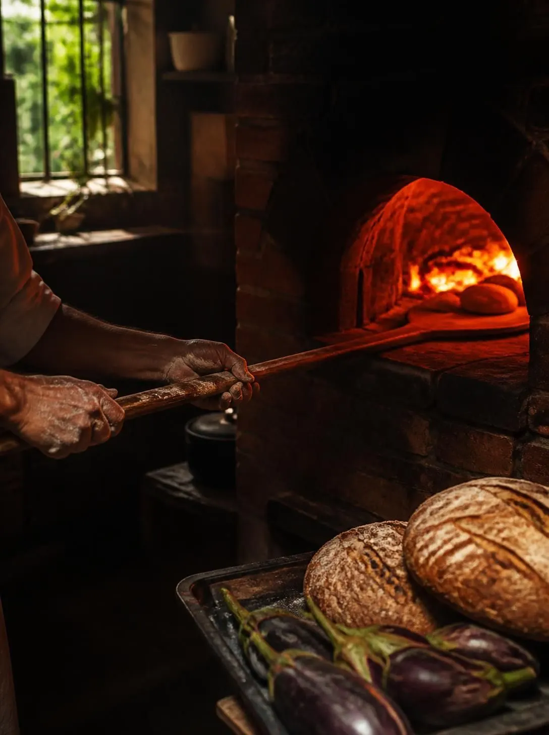 A cook slides loaves into a glowing brick wood-fired oven with a long wooden peel, while fresh sourdough and brinjals wait on a tray
