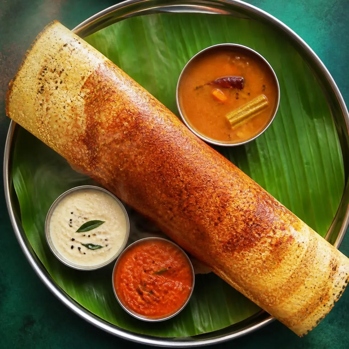 Overhead view of a crisp ghee roast masala dosa on a banana leaf in a steel plate, with sambar, coconut chutney and tomato chutney in small steel bowls