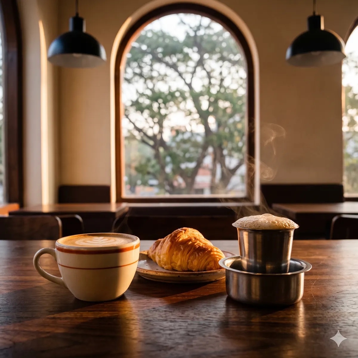 A latte with a burnt-orange band, a croissant and a steel tumbler of frothy filter coffee on a dark wooden table, steam rising, in front of an arched café window with trees outside in the early light
