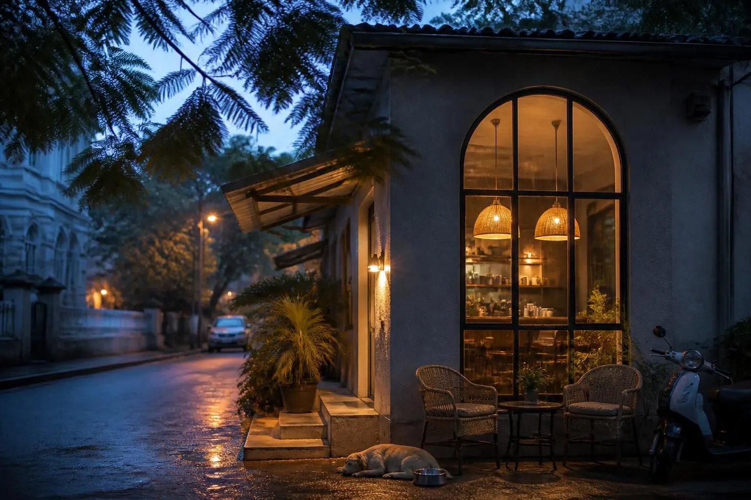The café at dusk: a tall arched window glowing with wicker pendant lamps, two rattan chairs on the patio, a dog asleep by a water bowl and a scooter on a wet, tree-lined street
