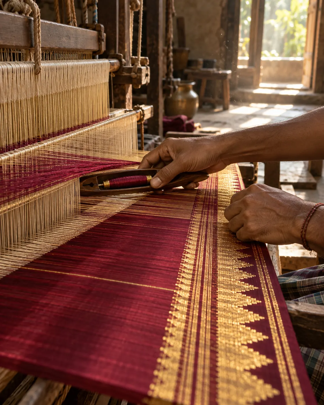 A weaver's hands passing the shuttle through a wooden pit loom, a deep red saree with a gold temple border taking shape in the afternoon light.