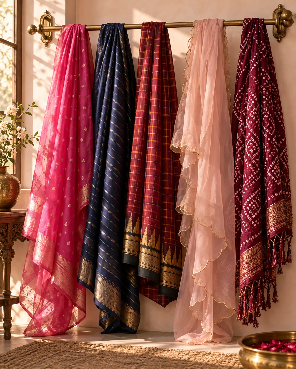 Five handloom sarees and dupattas hanging from a brass rail in the Loom & Lace studio: rani pink with gold butis, navy with zari stripes, red Ilkal checks, blush organza and berry bandhani.