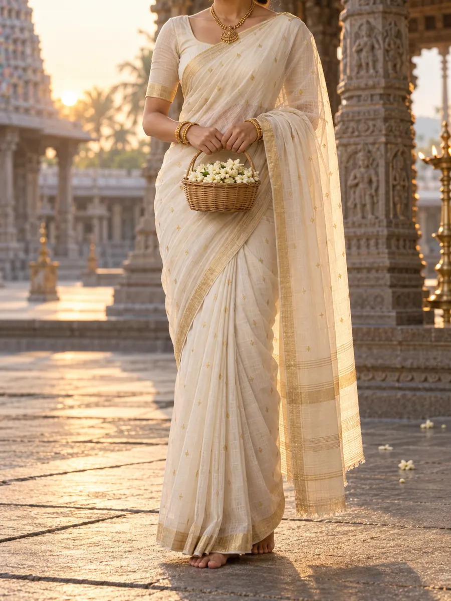 A woman in an ivory Chanderi saree with a gold border, holding a basket of jasmine outside a temple at sunrise.