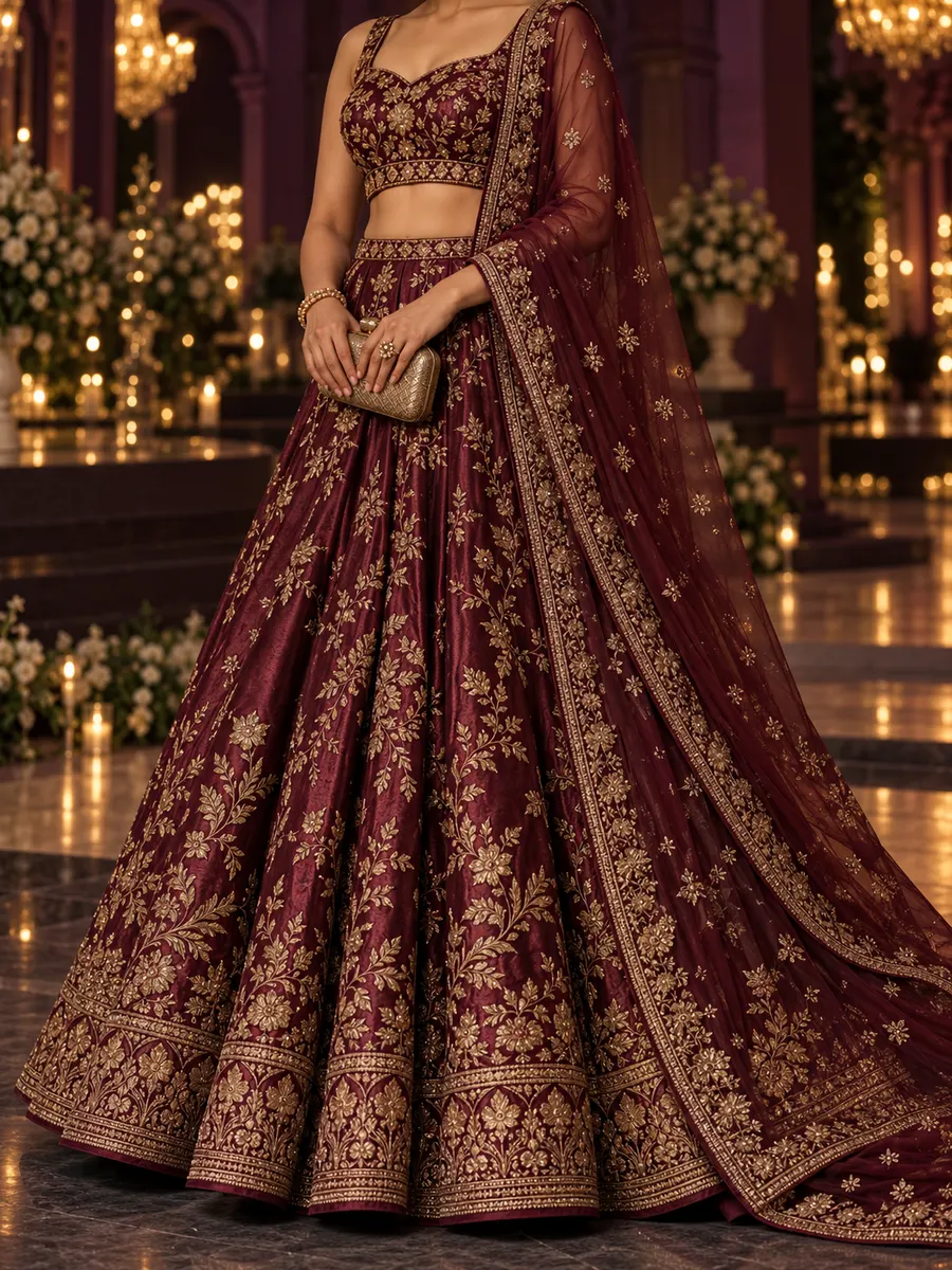 A woman in a wine lehenga with gold zardozi and a sheer embroidered dupatta at an evening reception.