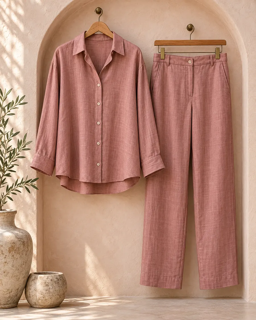 The Noor co-ord set in dusty rose: a long button-down shirt and straight pants on wooden hangers.