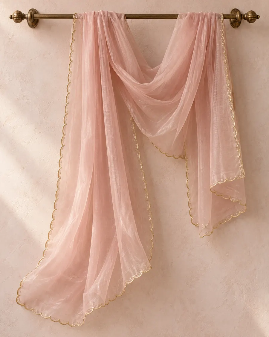 The Meher organza dupatta in petal pink, its scalloped gold edge falling in soft folds over a brass rod.