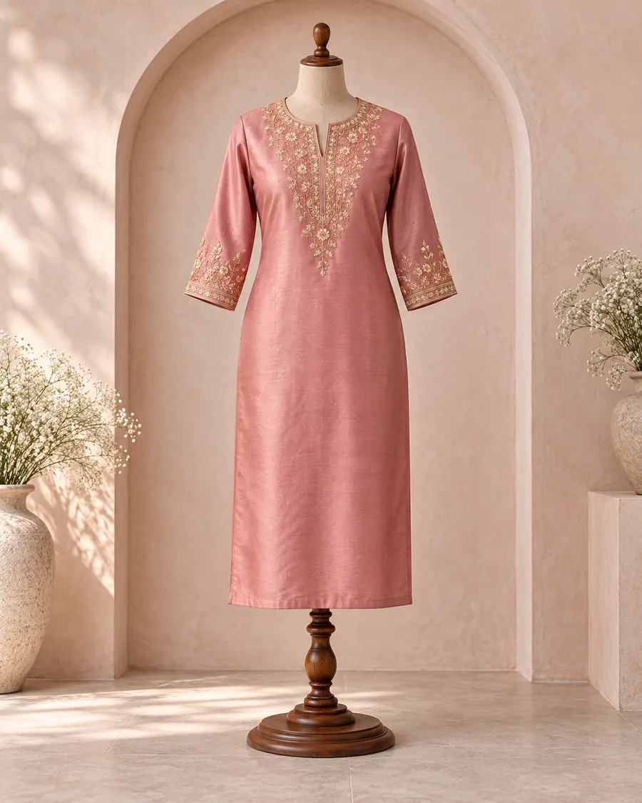 The Gulmohar kurta in blush, with gold embroidery on the yoke and cuffs, on a dress form in an arched niche.
