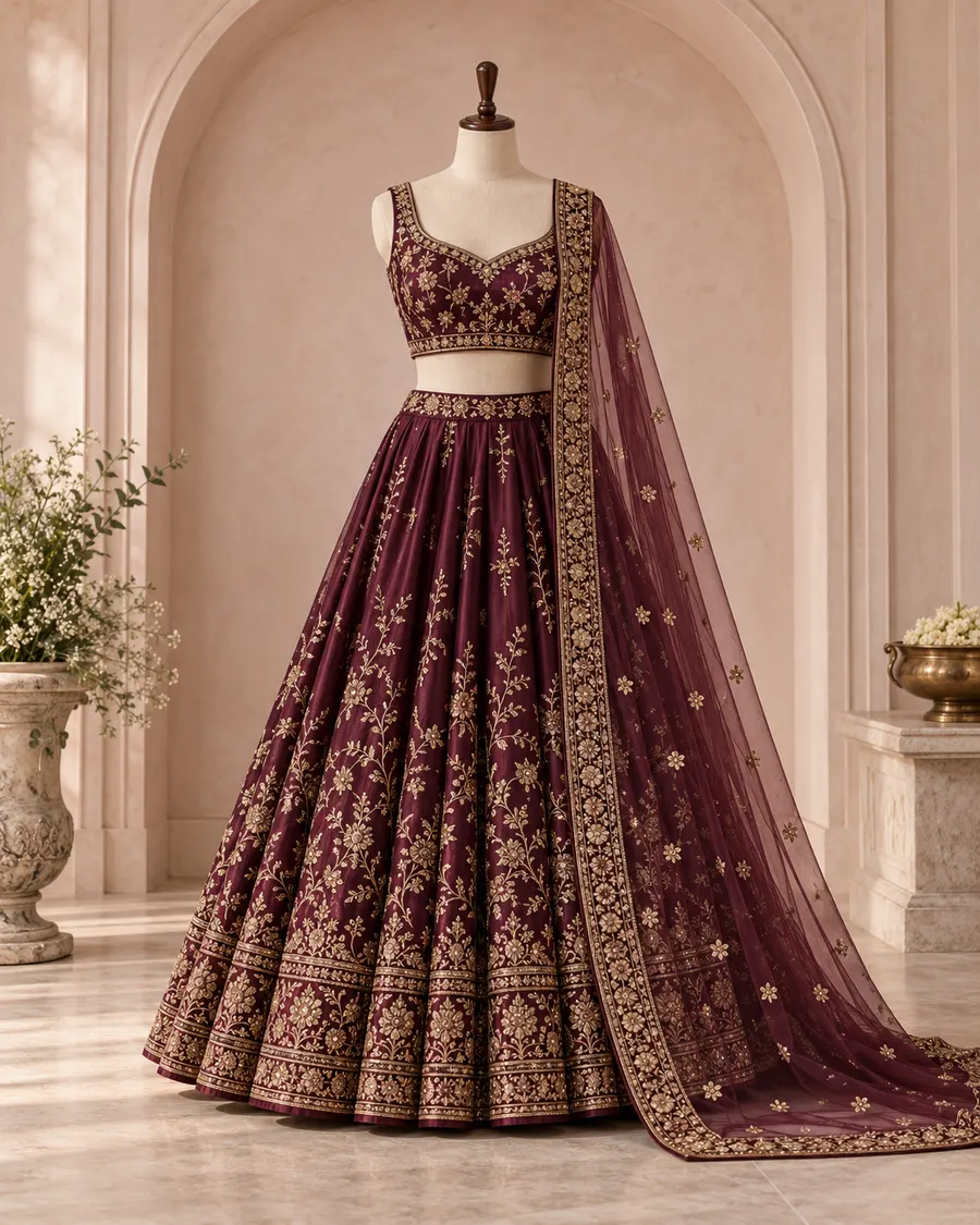The Ira lehenga set in wine, with gold zardozi on the skirt and choli and a sheer embroidered dupatta, on a dress form.