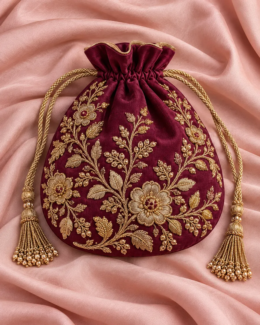 The Gulnaar potli in wine velvet, embroidered with gold zardozi flowers, with tasselled drawstrings, on pink silk.