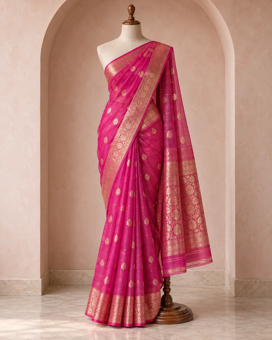 The Rani Chanderi tissue saree in rani pink with a gold zari border, draped on a dress form in an arched niche.