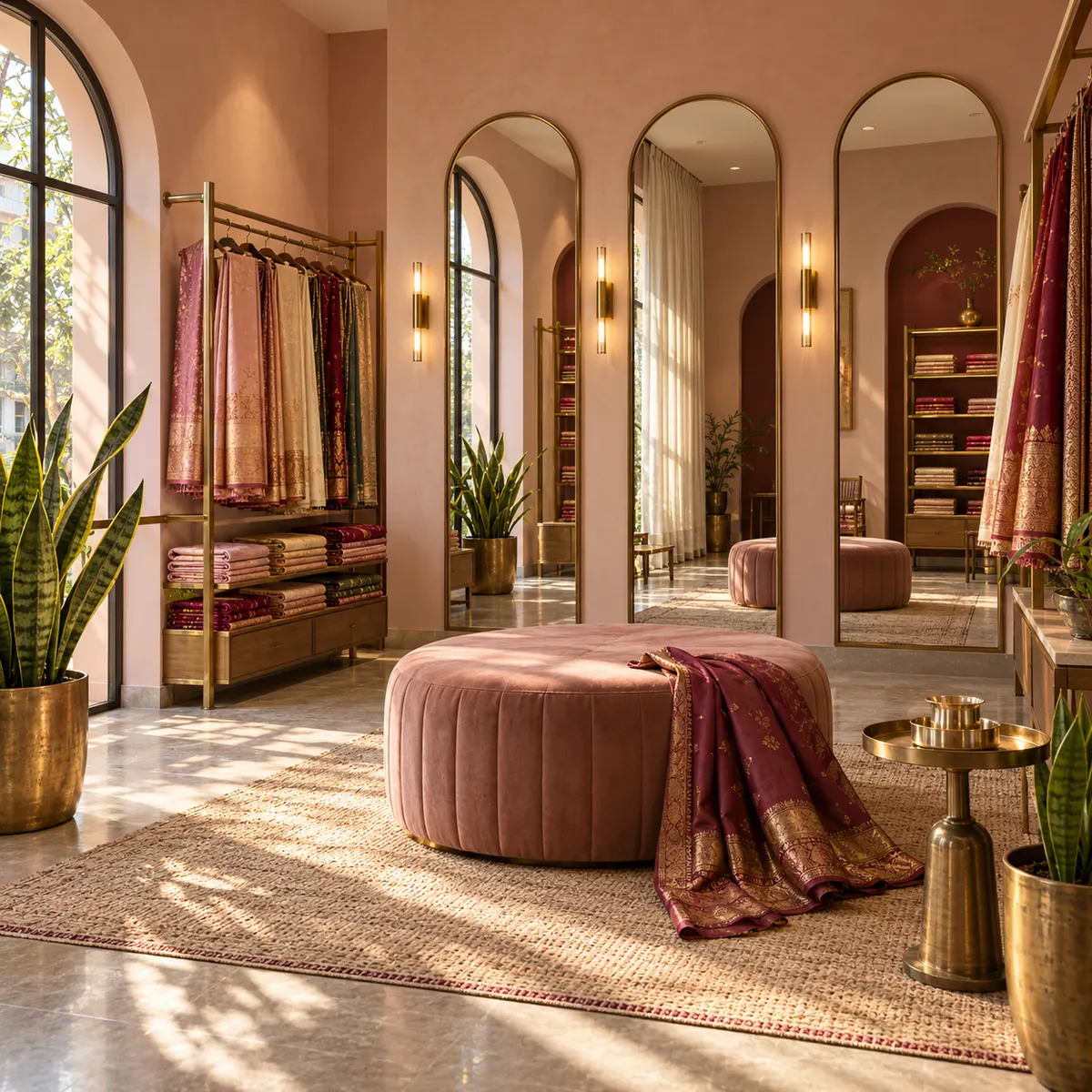 The Loom & Lace try-on lounge: a blush velvet ottoman, arched mirrors, rails and shelves of sarees, and brass lamps in late-afternoon light.