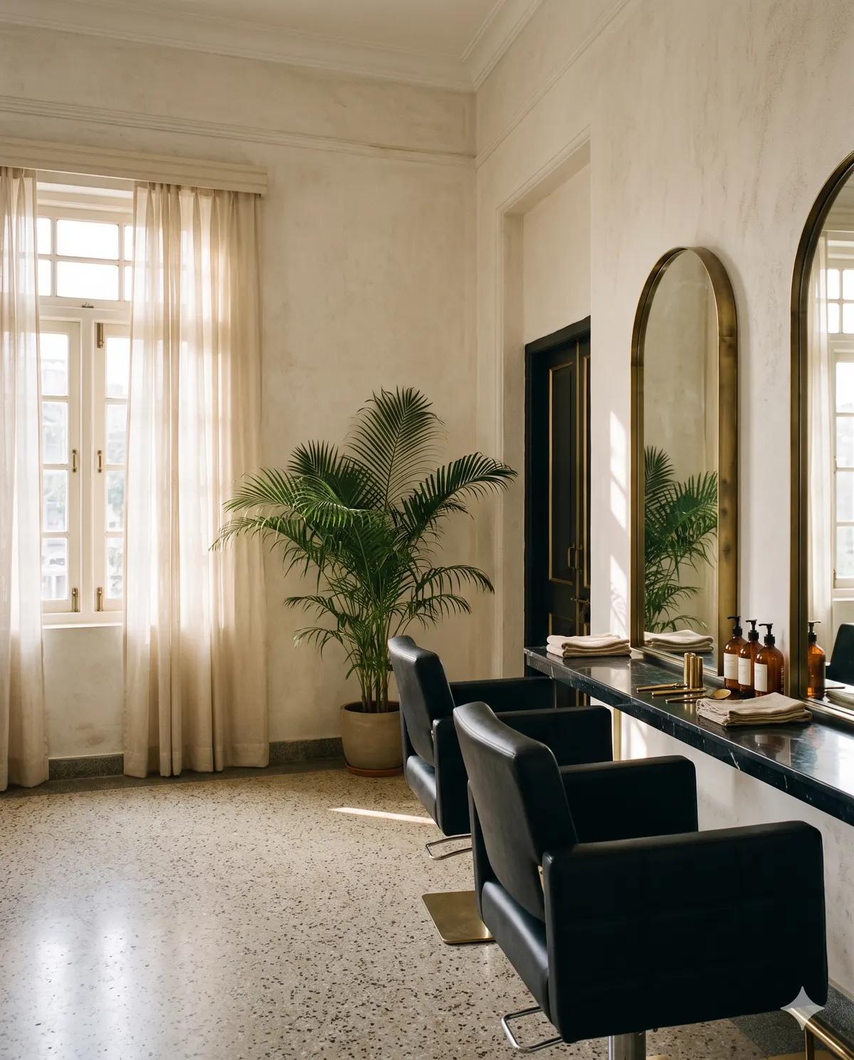 The atelier: black leather styling chairs before arched brass mirrors, a tall window with linen curtains, a palm and a terrazzo floor in soft daylight