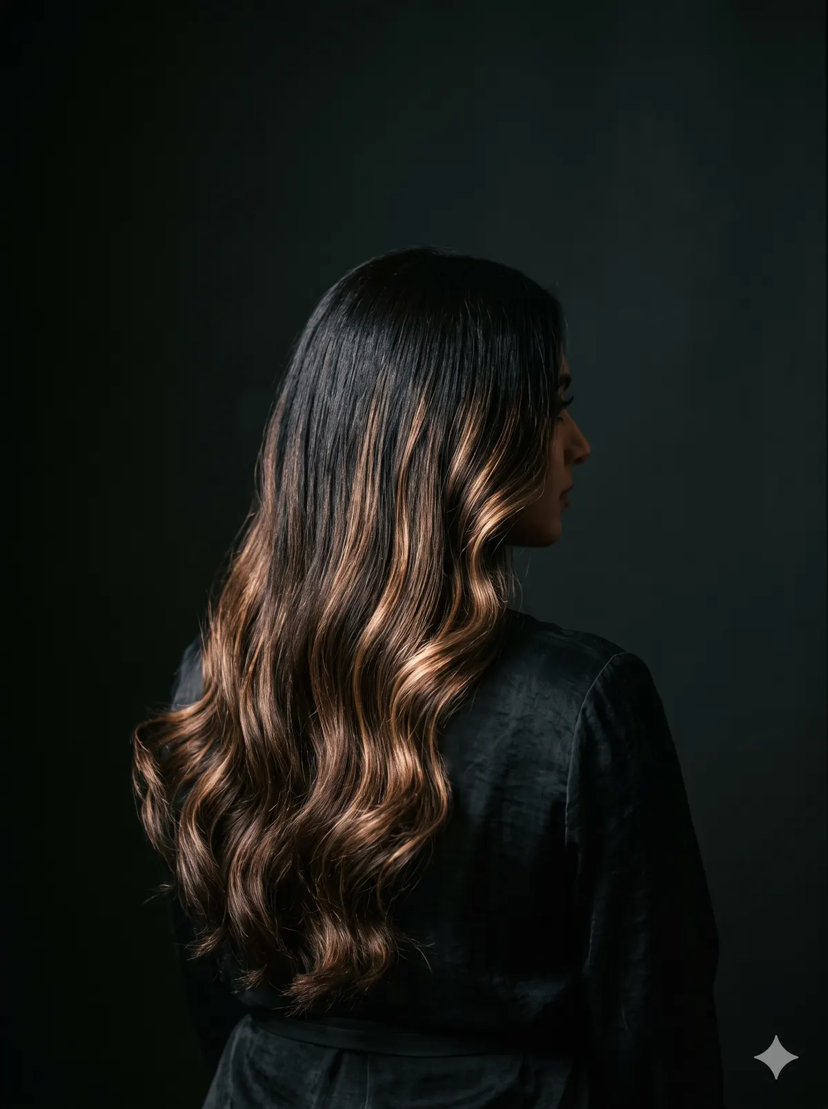 A woman seen from behind against a black backdrop, her long dark hair falling in loose waves of hand-painted caramel balayage