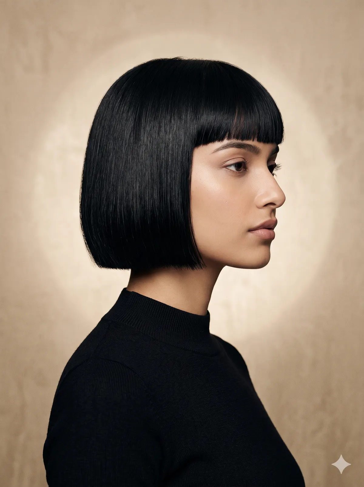 Side profile of a young woman with a glossy jet-black blunt bob and a straight fringe, in a black knit against a warm champagne backdrop