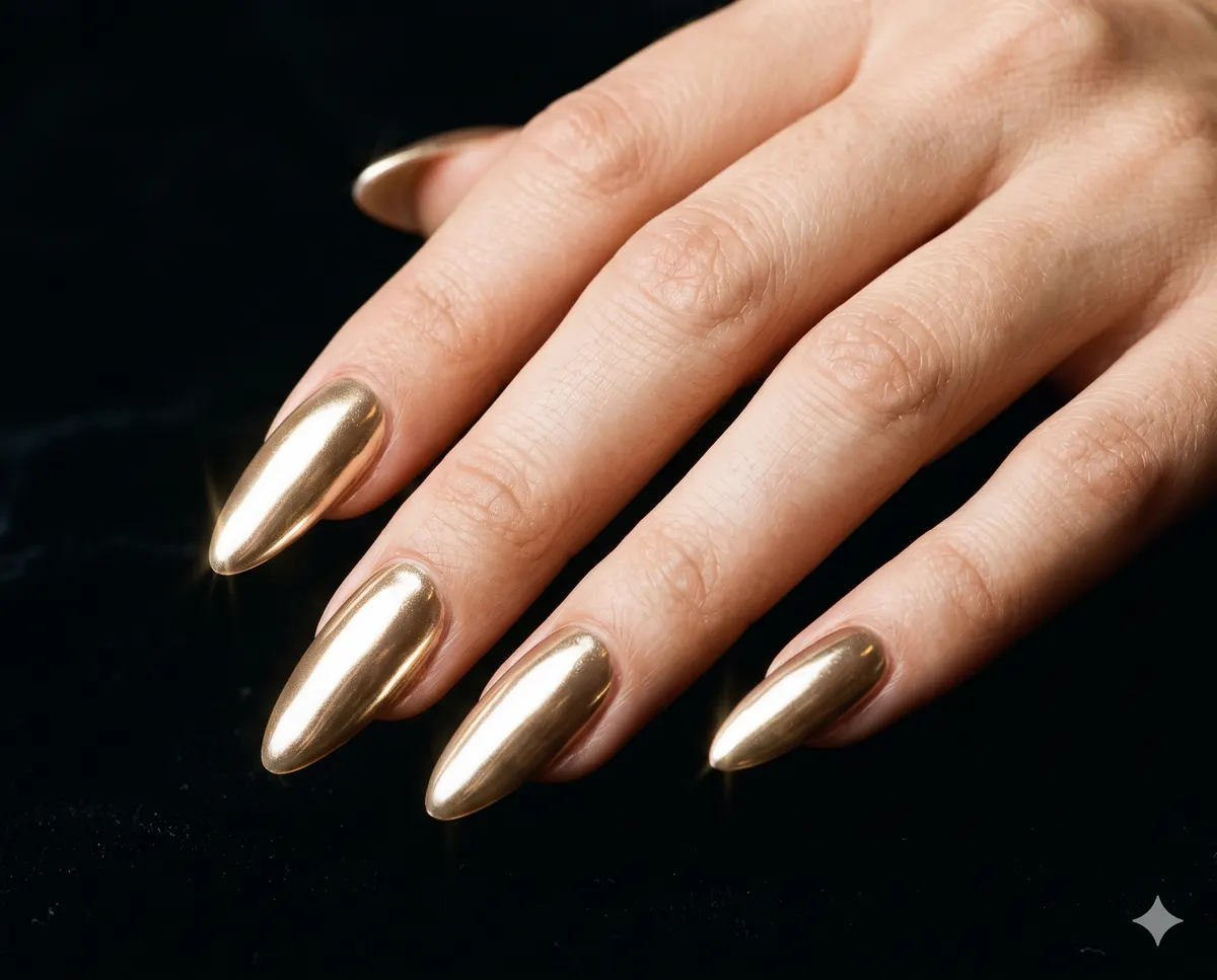 A hand on black velvet with long almond nails in a mirror-like champagne-gold chrome