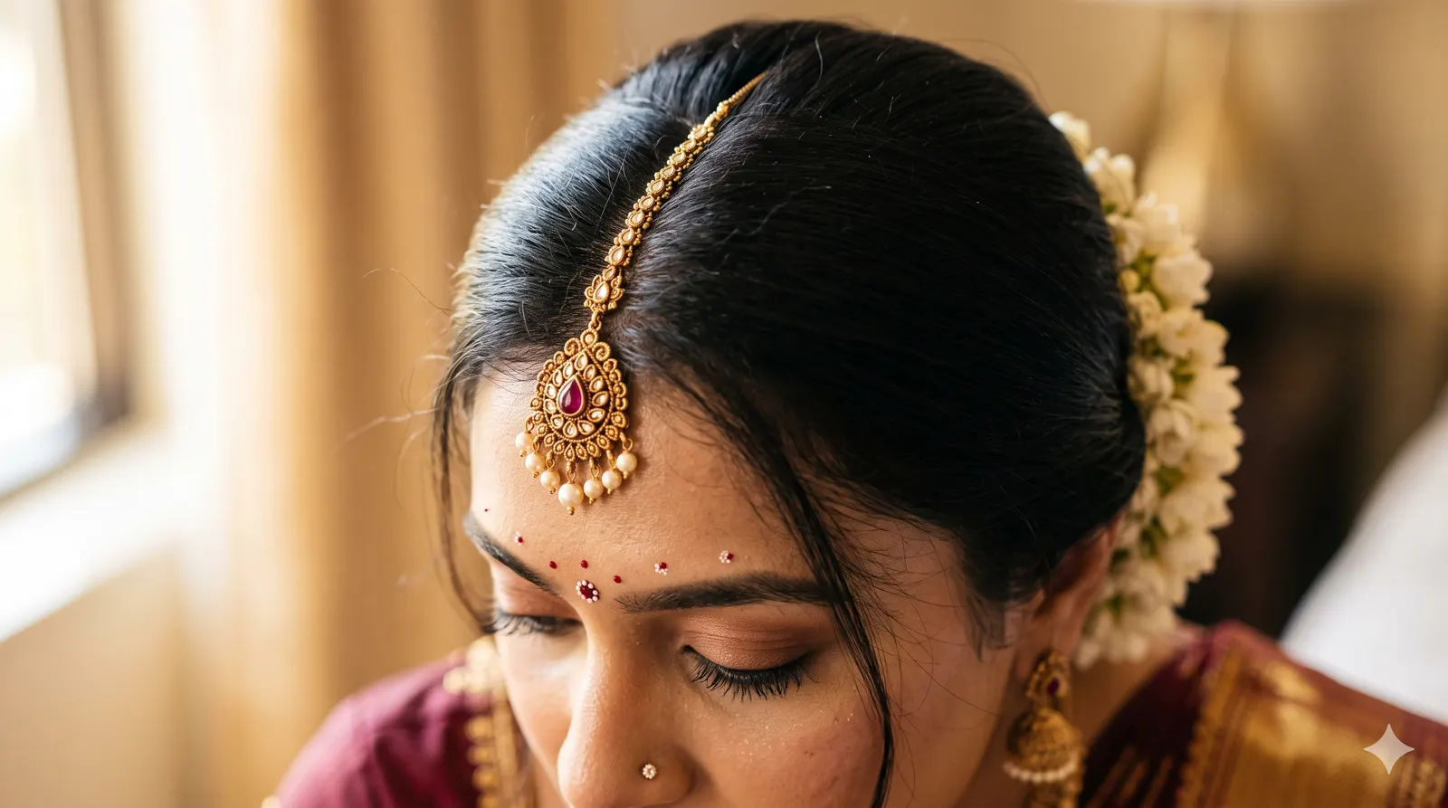 A bride on her wedding morning, eyes lowered, wearing a gold kundan maang tikka with pearls on a sleek centre parting and jasmine in her bun