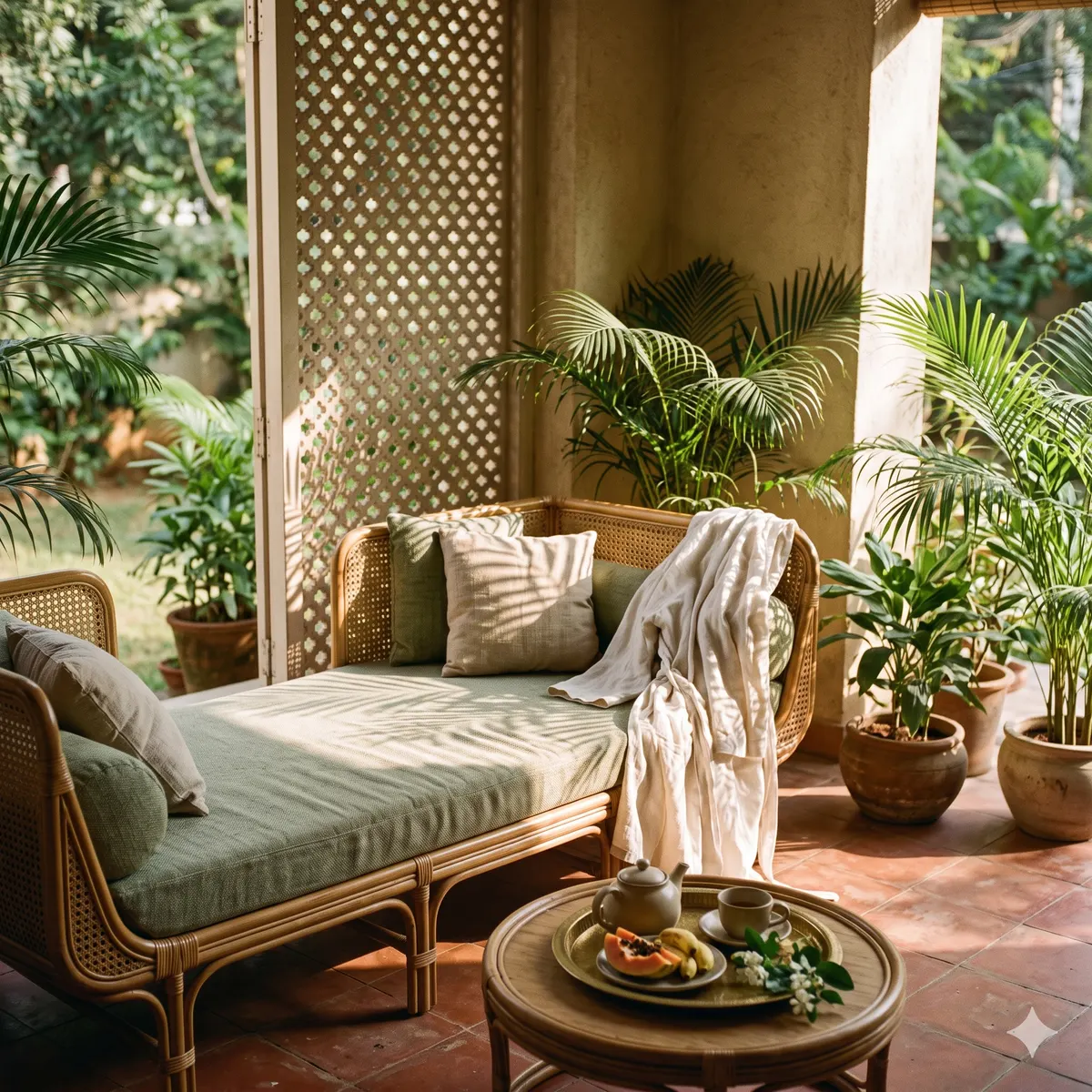 The garden lounge: a cane daybed with sage cushions and a white robe, a tray of papaya and tea, potted palms and a jaali screen in afternoon light.